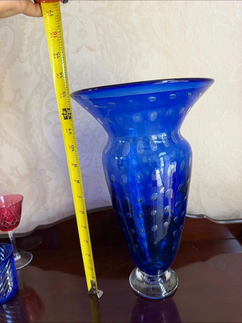Large hand blown Cobalt Blue Art Glass Dot Pattern Vase